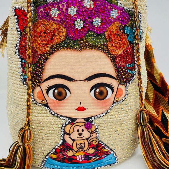 NEW 100% Authentic Handcrafted Wayuu Mochila Bag | Frida Kahlo + Crystals 🎨 - Picture 2 of 12